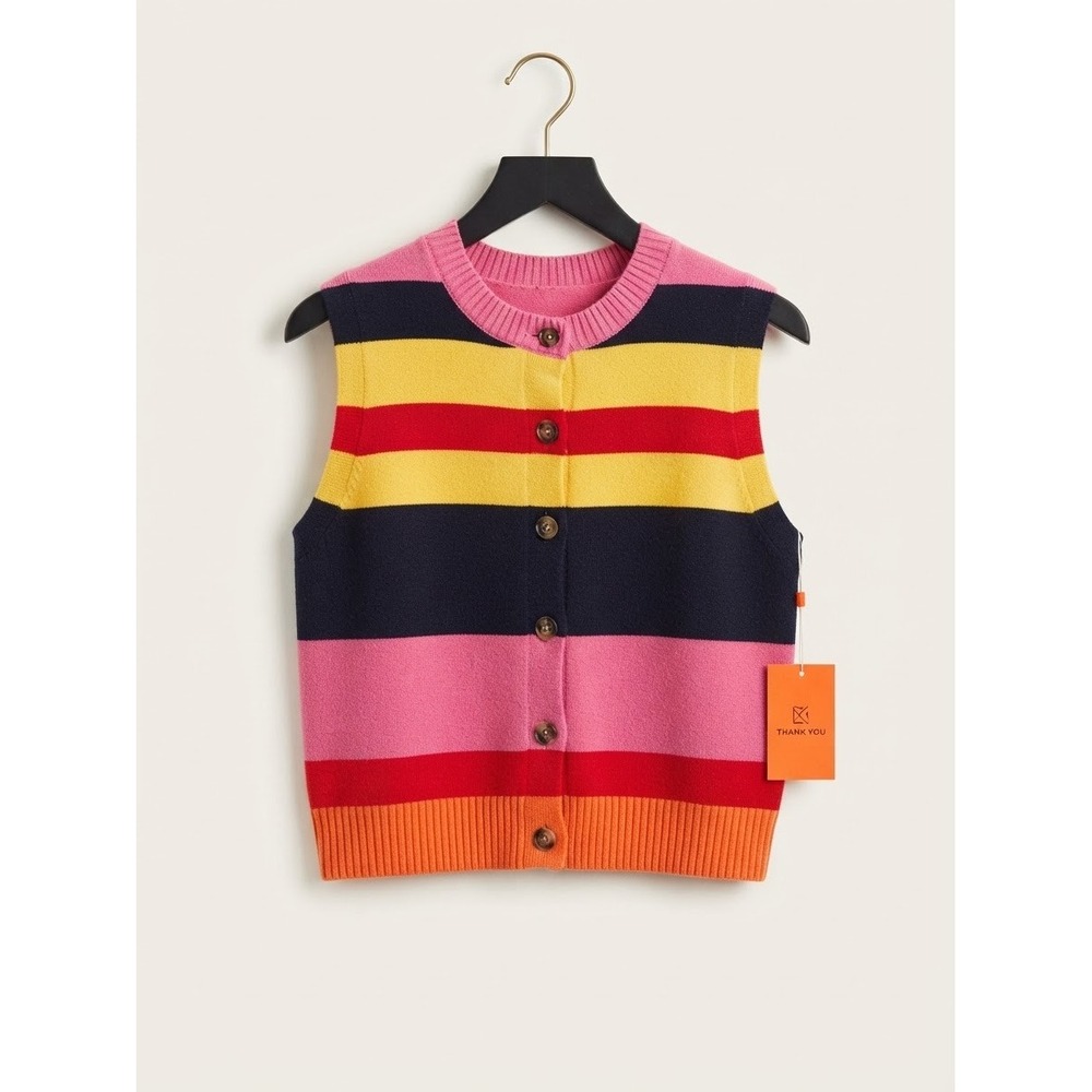 Womans Striped Knit Sweater Vest Button Front Pink Multi Preppy Soft Color block